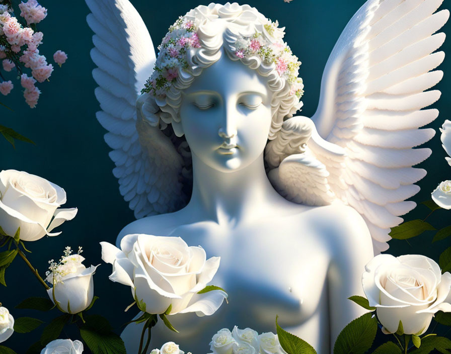 Angelic figure with wings and floral crown among white roses on sky blue backdrop