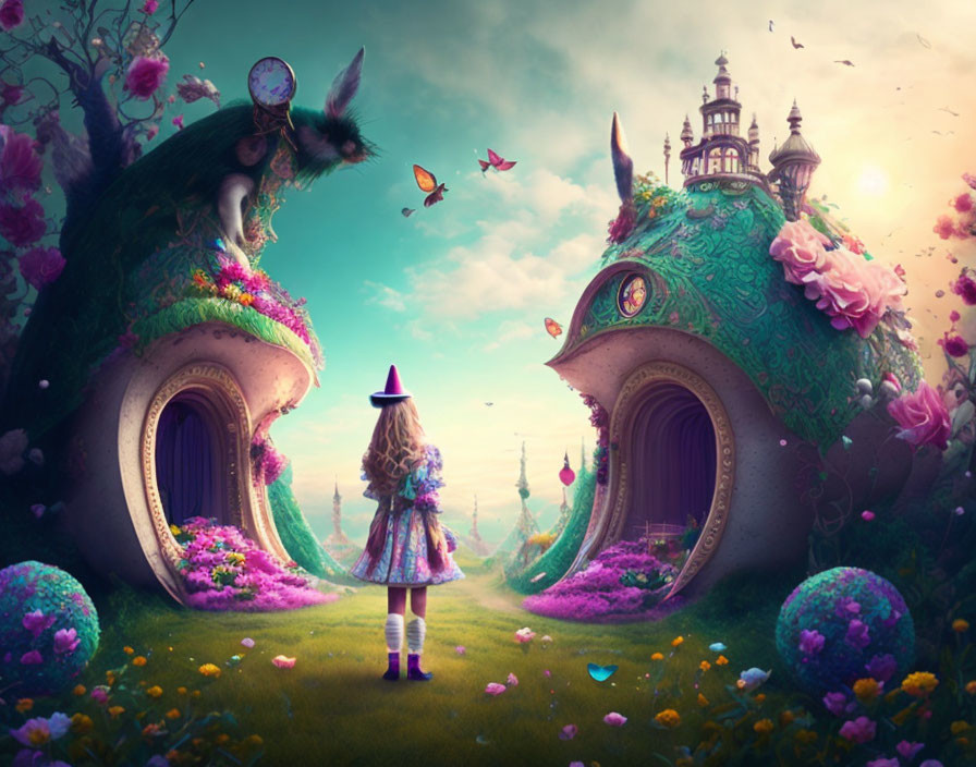 Whimsical girl in fantastical animal head buildings with vibrant flora