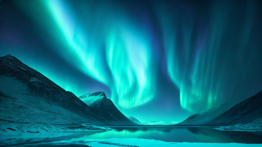 Aurora Borealis over snow-covered landscape with lake and mountains