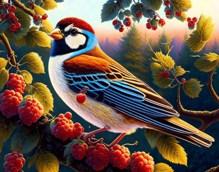 Colorful Bird with Red, Blue, and White Plumage in Forest Twilight