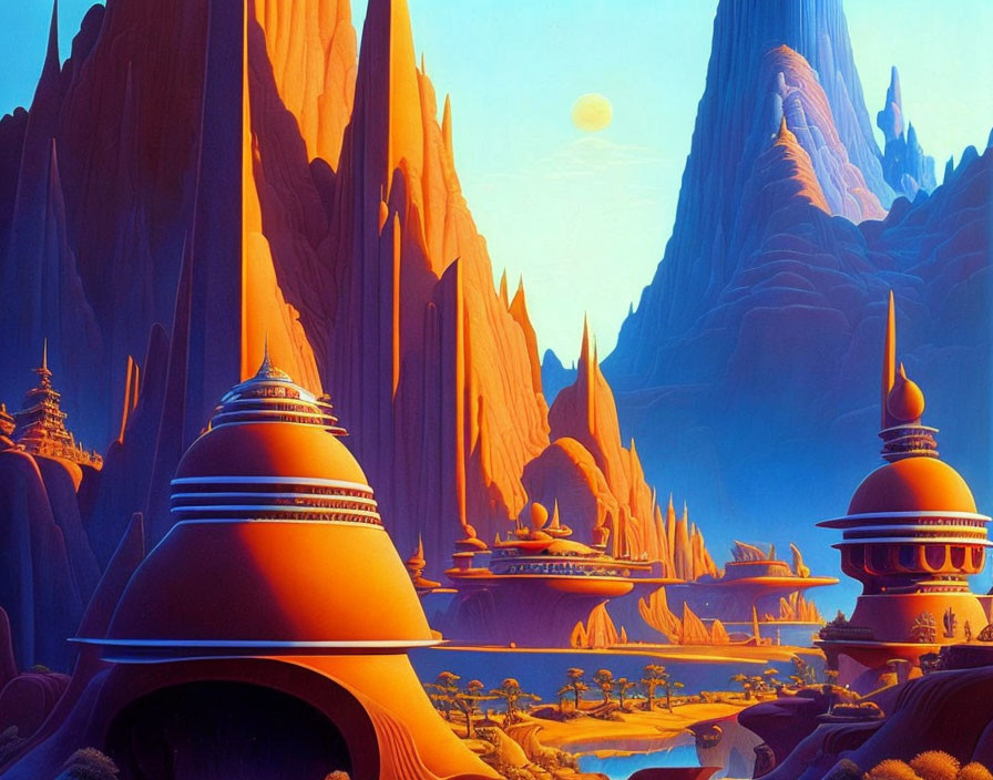 Fantasy landscape with orange hues, futuristic domed buildings, rocky spires, and alien sky.