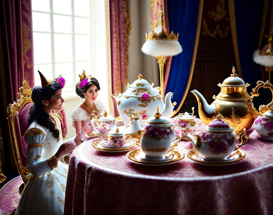 Two people in princess outfits at an elegant tea party with ornate teapots and cups, set