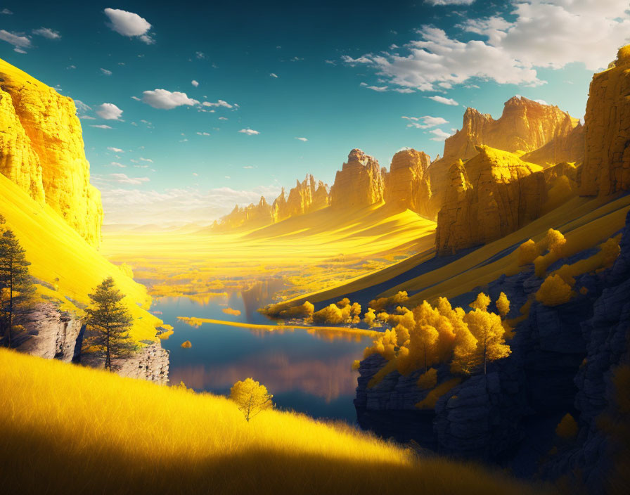 Golden cliffs, serene river, yellow foliage, and dramatic rock formations in a fantasy landscape