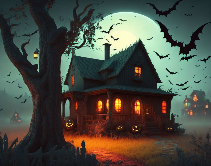 Spooky Halloween-themed cottage under full moon with jack-o'-lanterns, bats, and bare