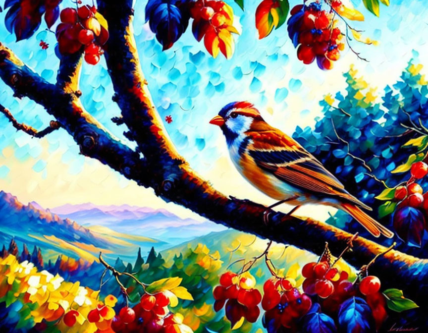 Colorful bird painting perched on branch with red berries in lush landscape