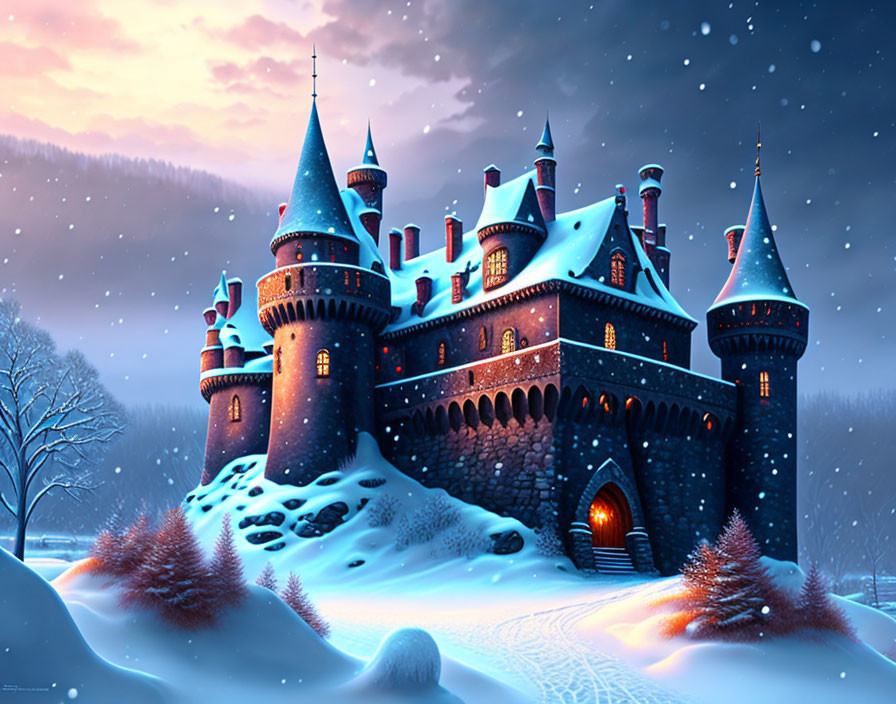 Snowy castle with spires and turrets in twilight snowfall