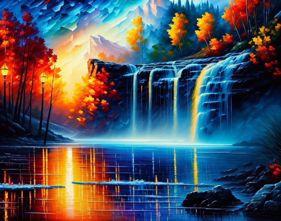 Autumn waterfall painting with colorful trees, lake, mountains, and expressive sky