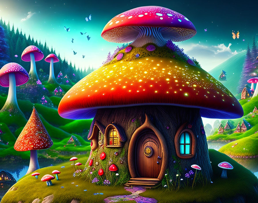 Vibrant fantasy landscape with mushroom house, glowing dots, greenery, and butterflies