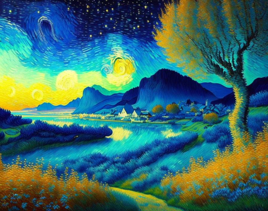 Landscape painting: swirling night sky, bright stars, rolling hills, serene village, prominent tree