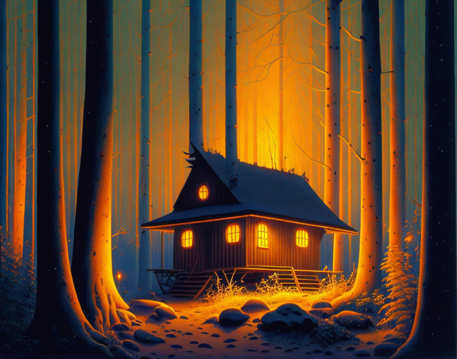 Illuminated cabin in mystical forest under evening sky