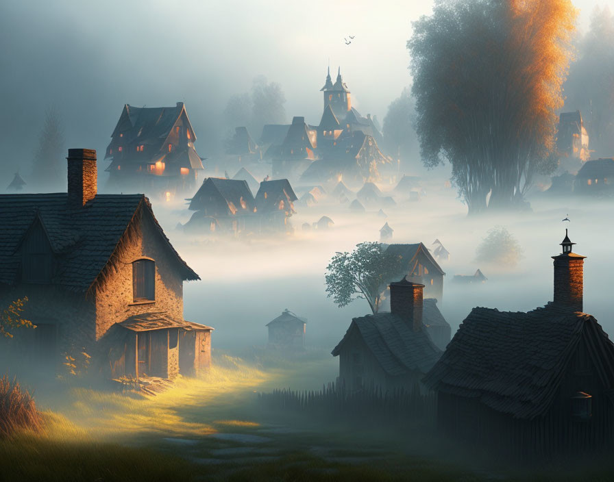 Foggy village dawn scene with glowing windows and church spire