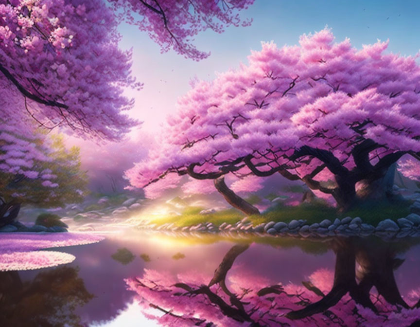 Tranquil landscape: pink cherry blossoms, river reflection, purple sky