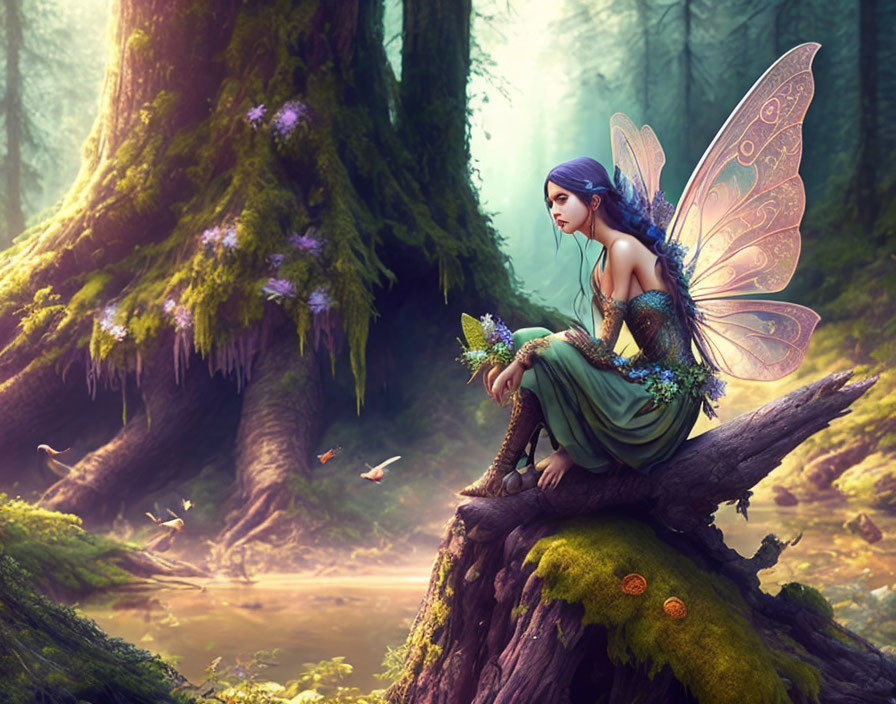 Fantasy illustration: fairy with translucent wings in magical forest