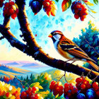 Colorful bird painting perched on branch with red berries in lush landscape