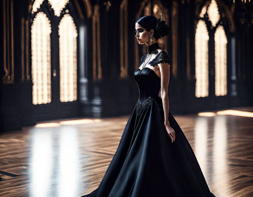 Elegant woman in black dress in grand hall with tall windows