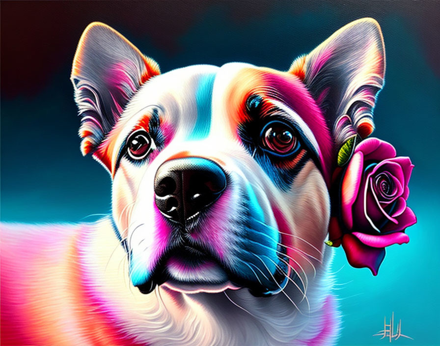 Vibrant striped dog with pink rose on teal background