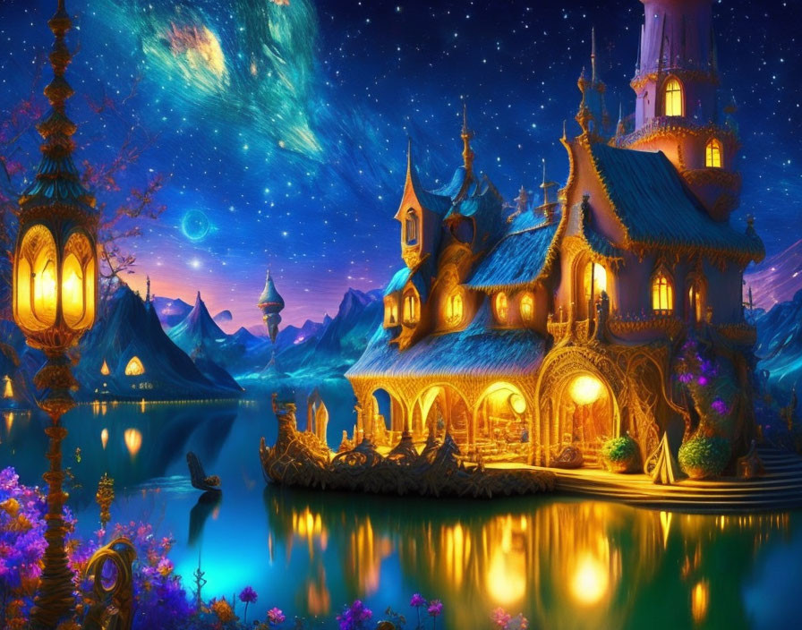 Vibrant fairy-tale castle scene by serene lake