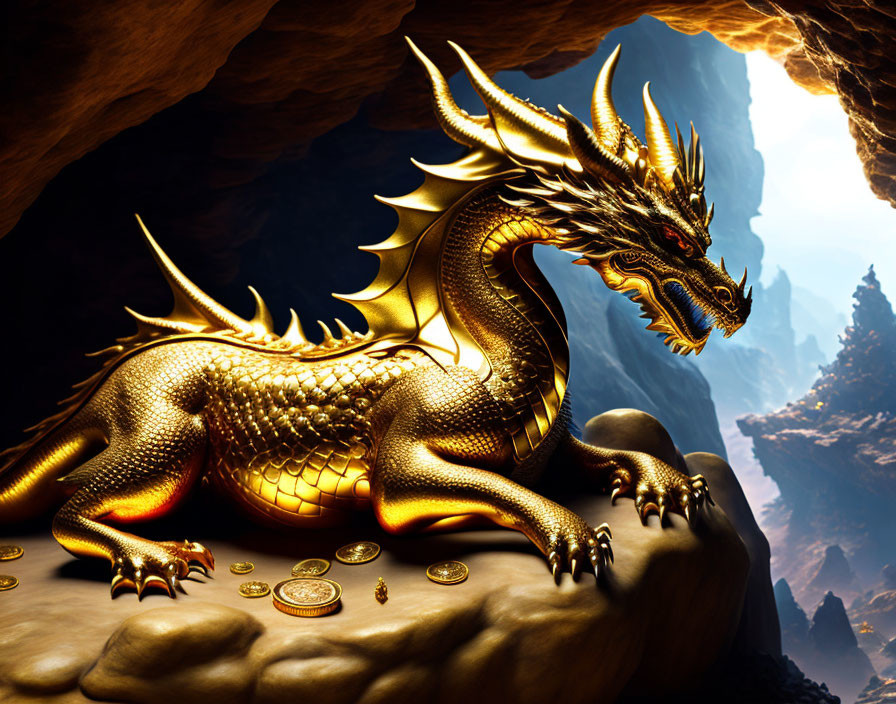 Golden dragon guarding treasure hoard in cavern's warm light