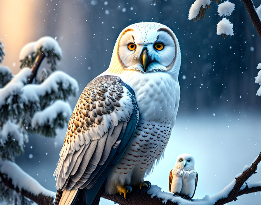 Snowy Owls Perched on Branch in Winter Forest with Falling Snowflakes