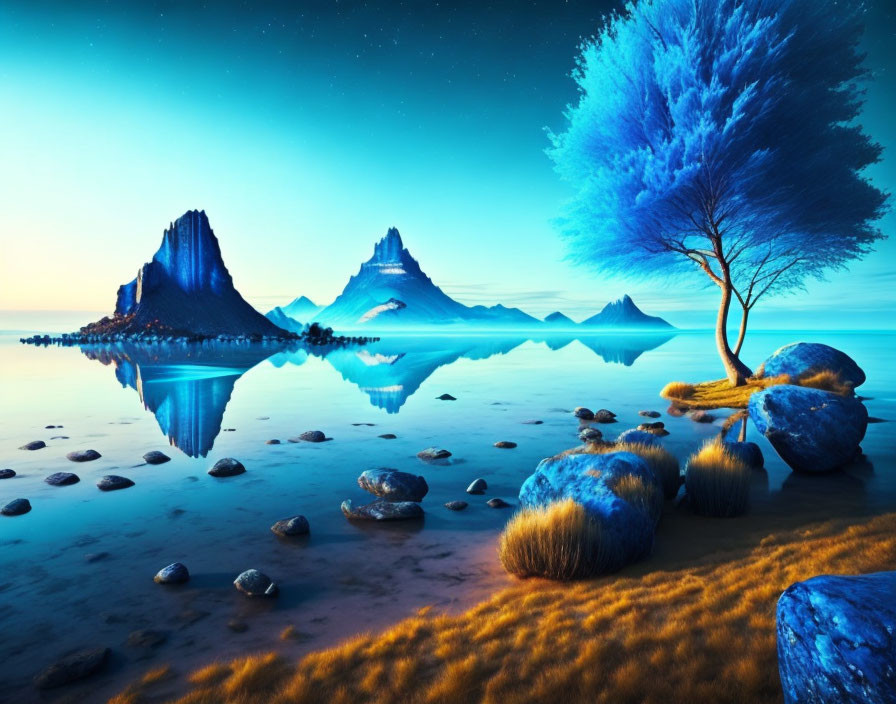 Fantasy landscape: Twilight scene with blue tree, mountains, and tranquil shore