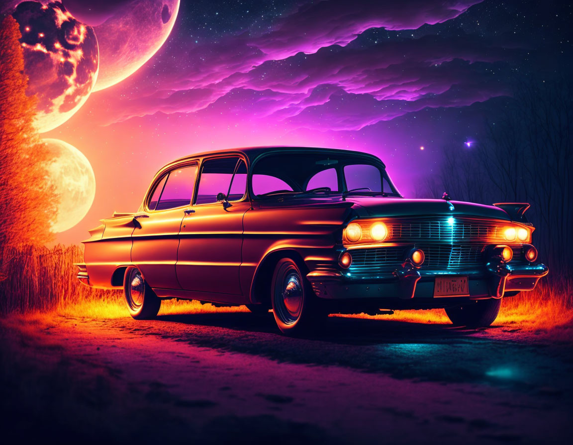 Classic car under surreal purple sky with oversized planets, retro-futuristic scene