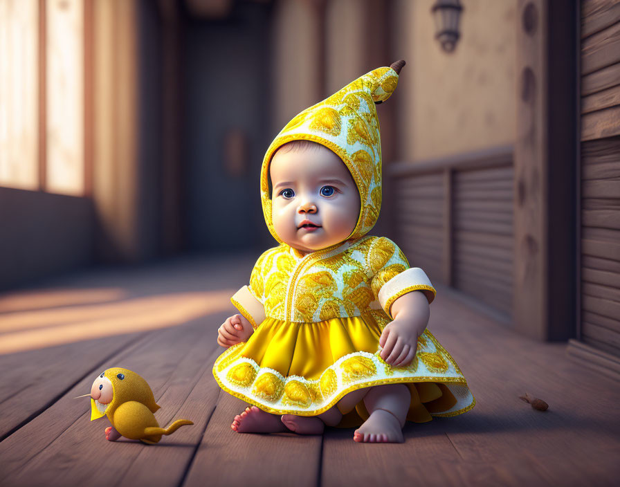 Baby in Yellow Hooded Outfit Sitting on Wooden Porch with Toy Bird