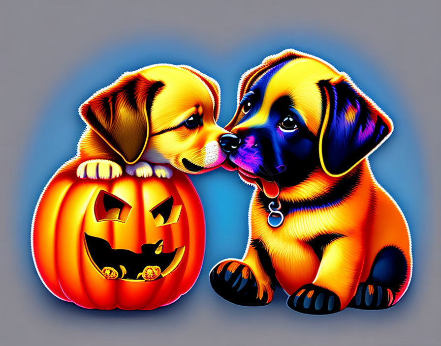 Colorful Cartoon Puppies with Pumpkin on Blue Background