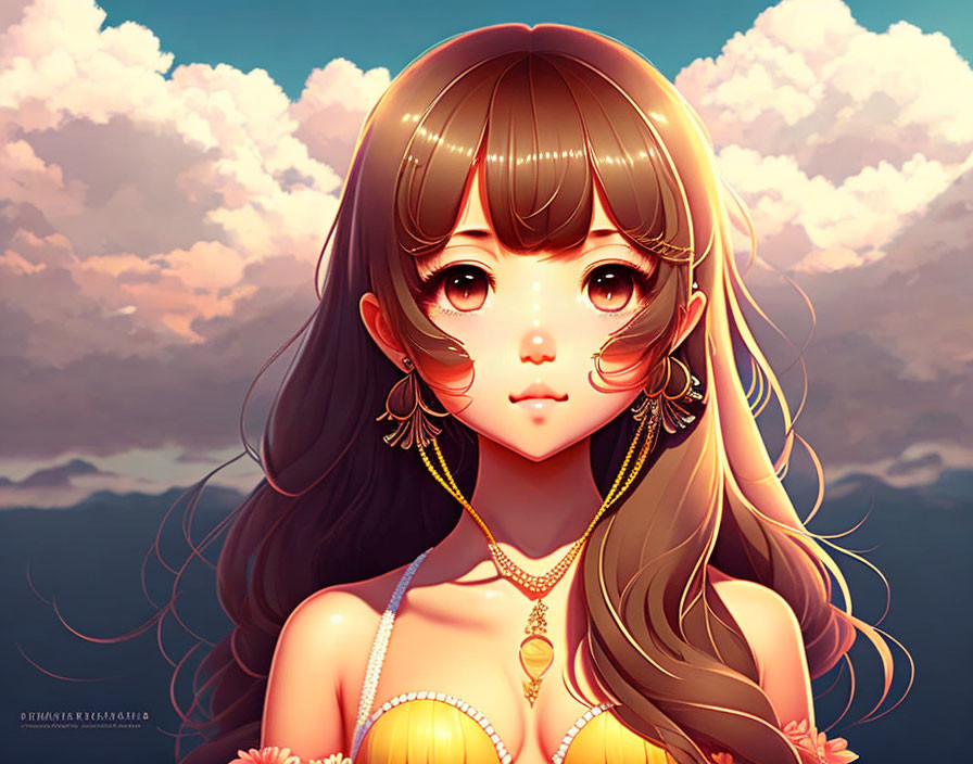 Digital art portrait of animated girl with big eyes and brown hair against sunset clouds.