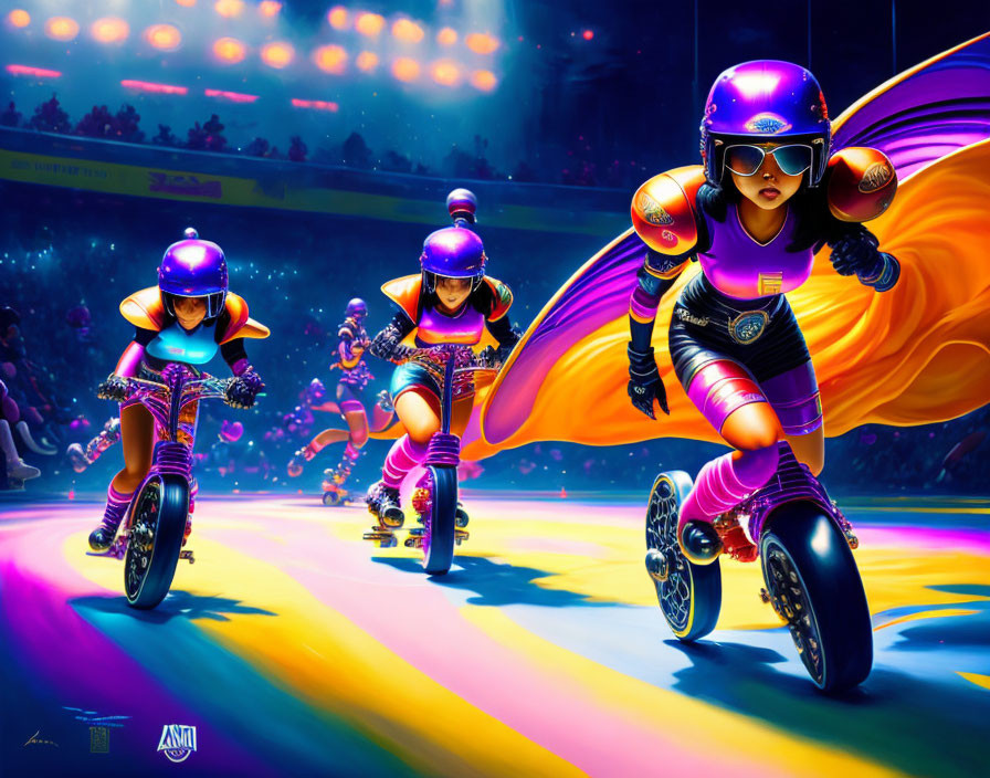 Futuristic roller skaters with glowing wheels in neon-lit arena