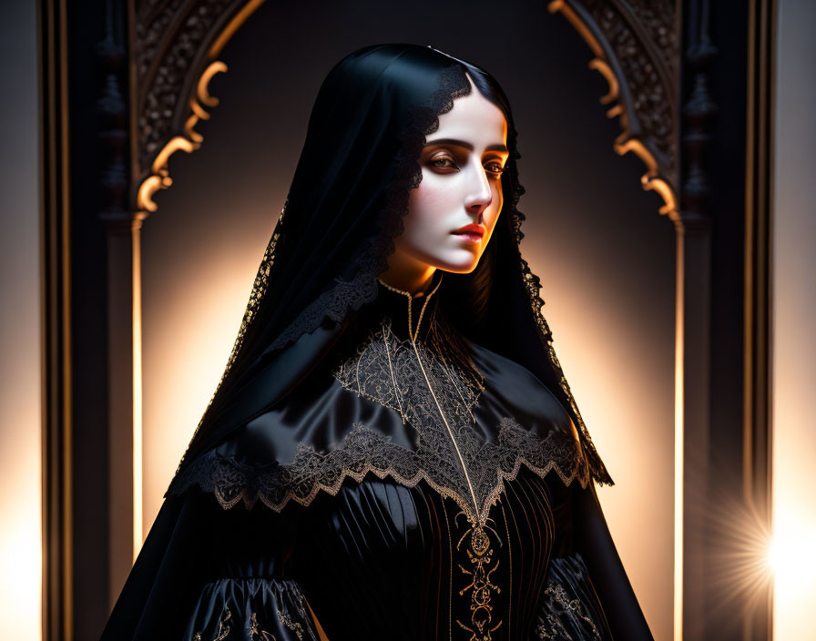 Portrait of Woman in Black Veil with Lace Detailing