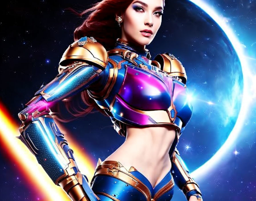 Woman in futuristic armor in cosmic setting.