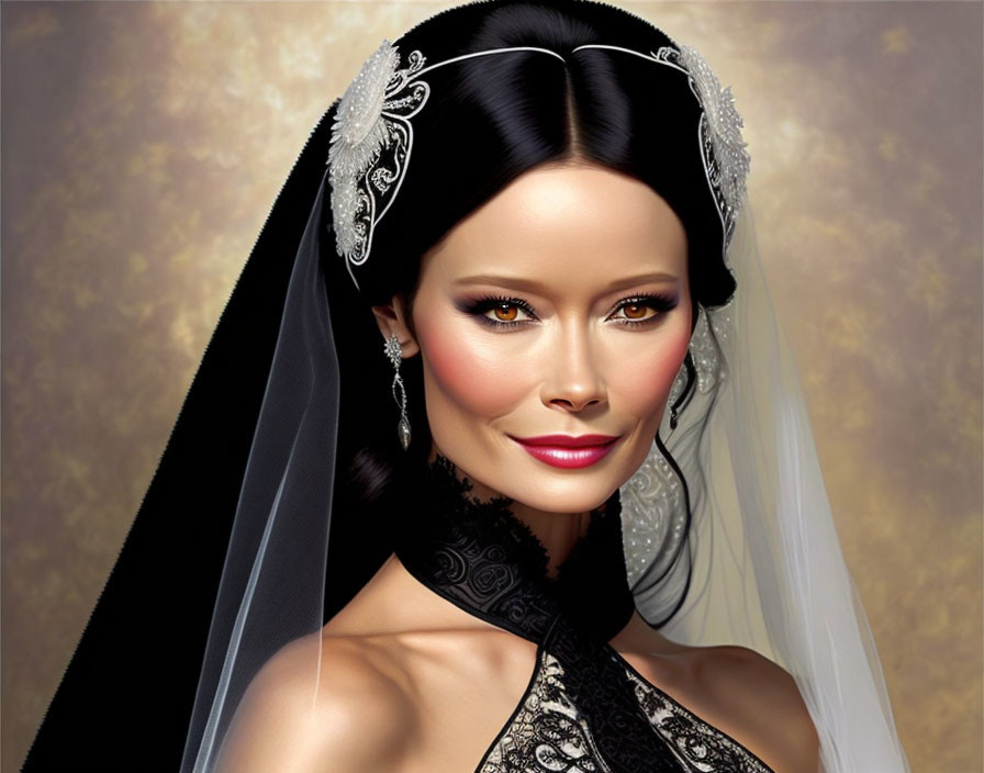 Digital portrait of woman in bridal attire with black lace dress and veil