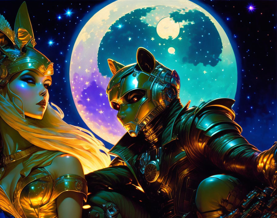 Stylized armored characters under night sky with large moon