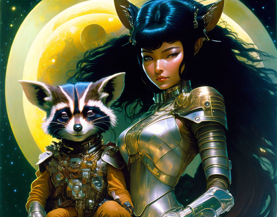 Female warrior in futuristic armor with raccoon in spacesuit and yellow planet.