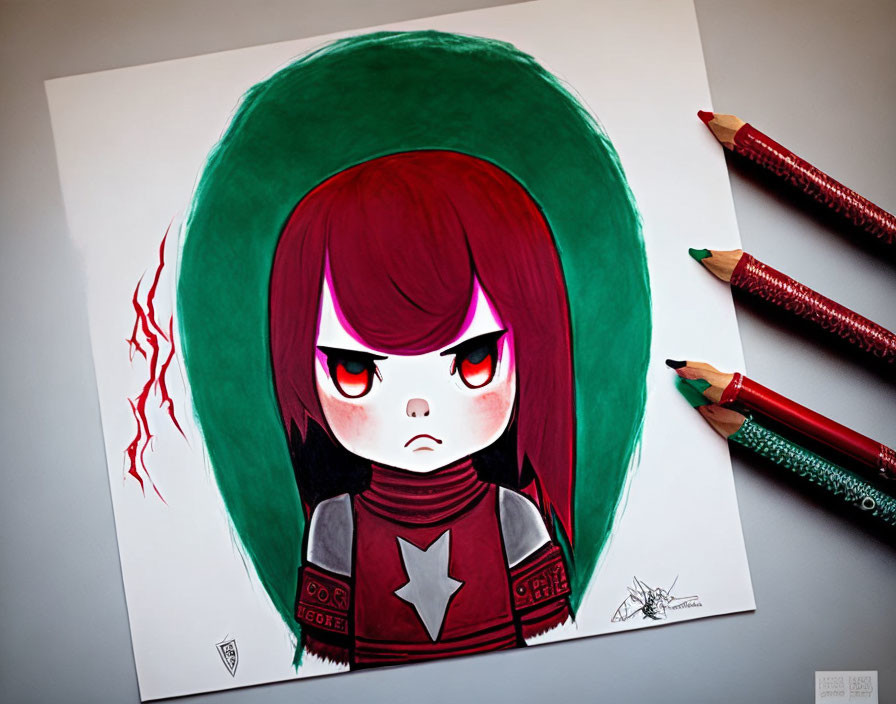 Stylized character with red eyes and maroon hair in green aura with colored pencils