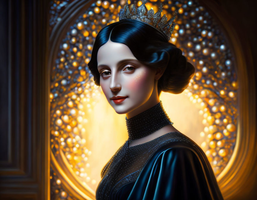 Digital artwork of woman with elegant crown in black gown against glowing circular backdrop.