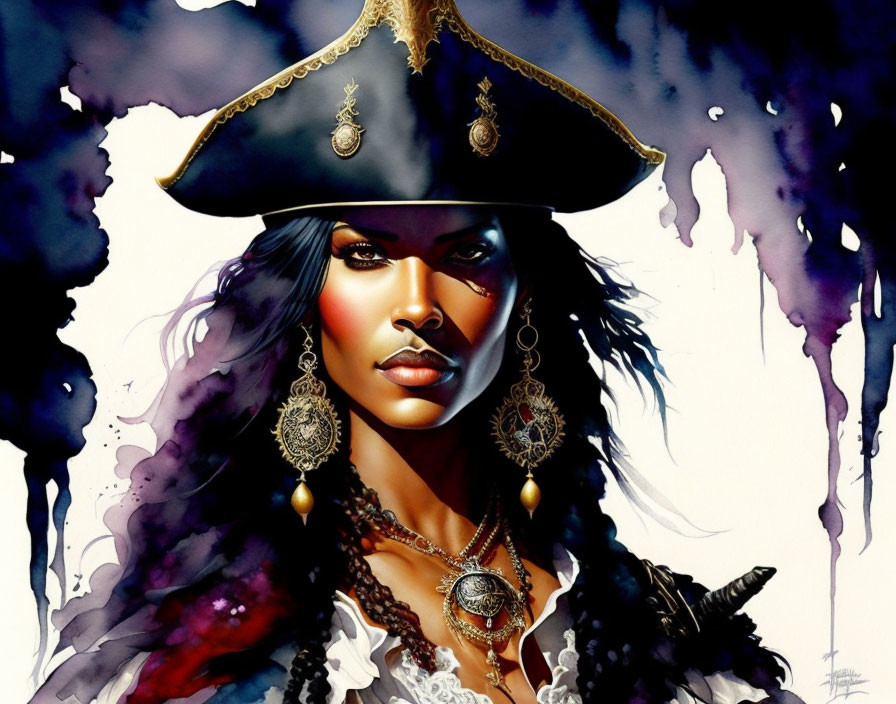 Female pirate illustration with fierce gaze and jewelry on ink splatter backdrop