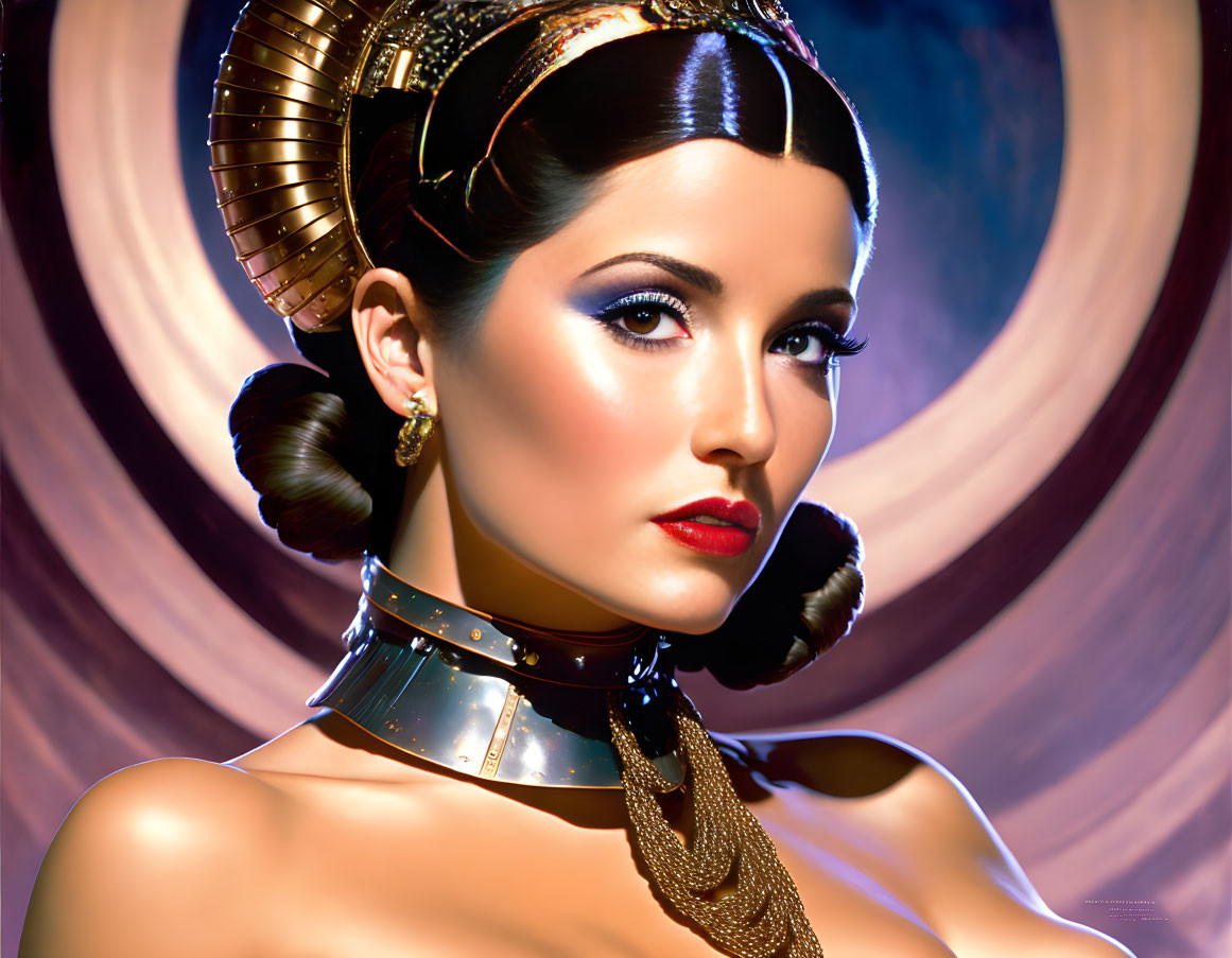 Woman in Cleopatra costume with golden headdress, bold makeup, against blue and brown backdrop