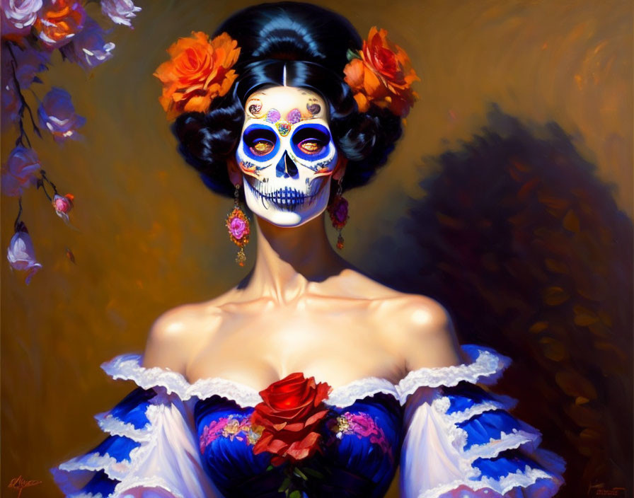 Woman with Dia de los Muertos makeup and floral hair decorations holding a red rose