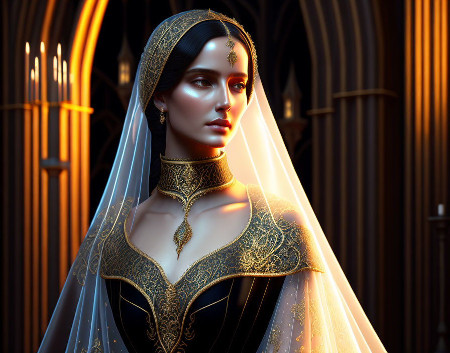 Bride in cathedral with golden headpiece and veil