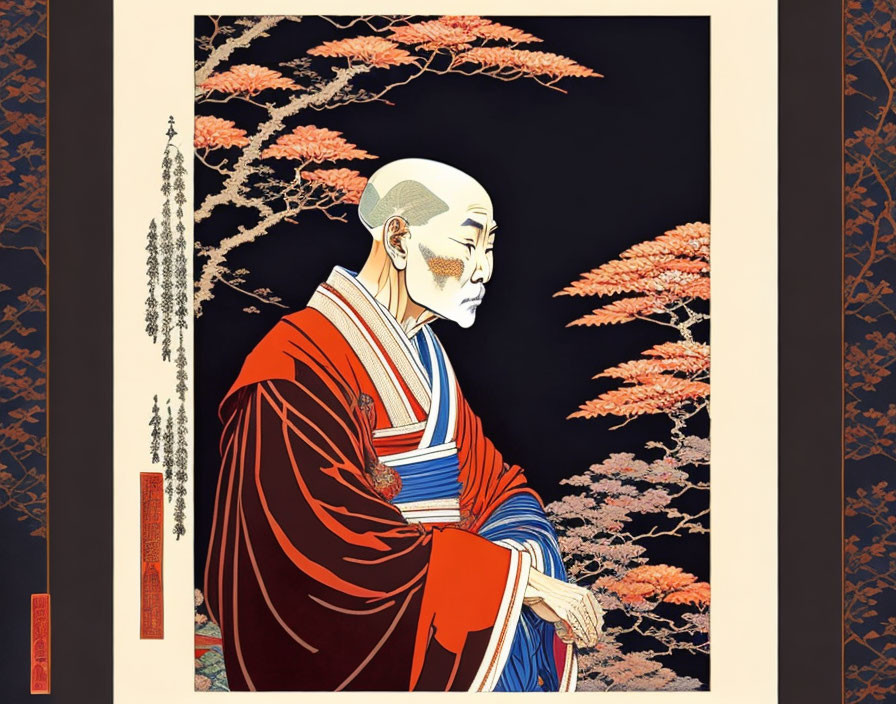 Traditional Japanese Woodblock Print: Elder in Red Robe Under Maple Tree