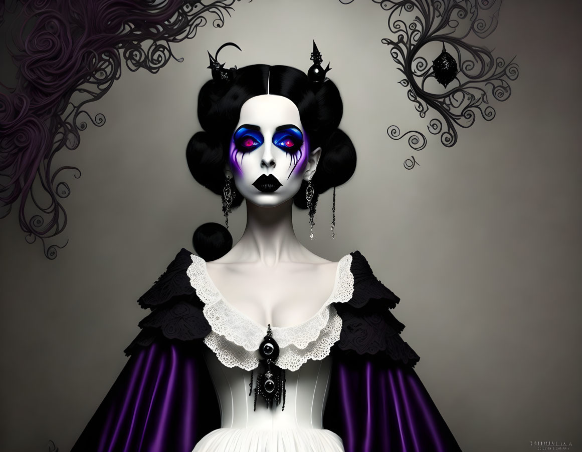 Pale-skinned female character in Gothic attire - black hair, purple eyeshadow, Victorian dress