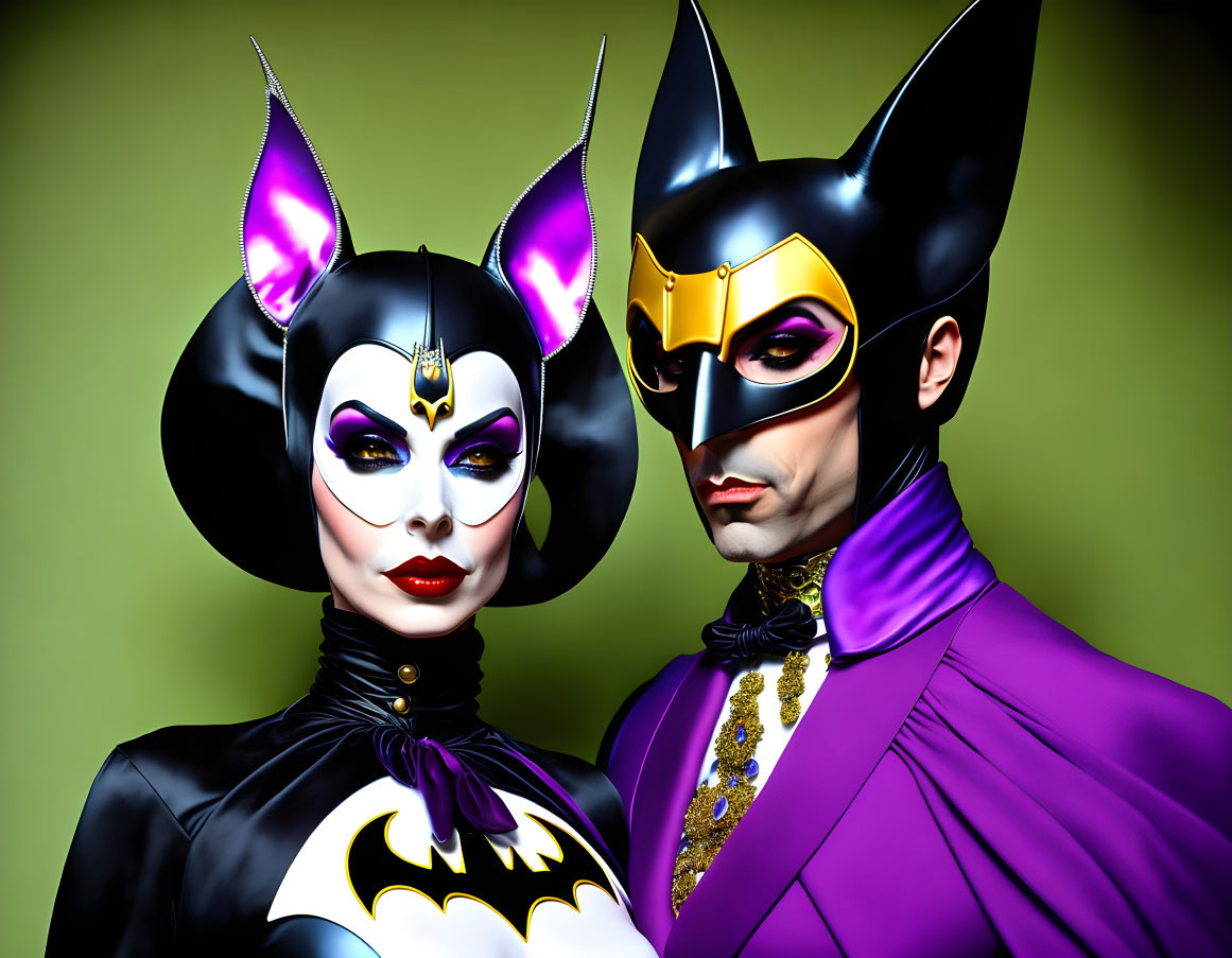 Two people in Batman-themed costumes with dramatic makeup on green background