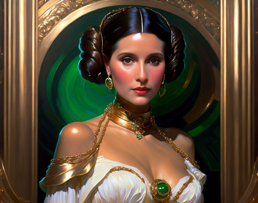 Woman with Princess Leia-inspired hairstyles in white dress and gold jewelry on green backdrop