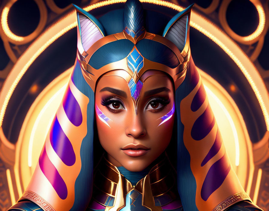 Futuristic digital artwork of a woman in Egyptian-inspired headdress