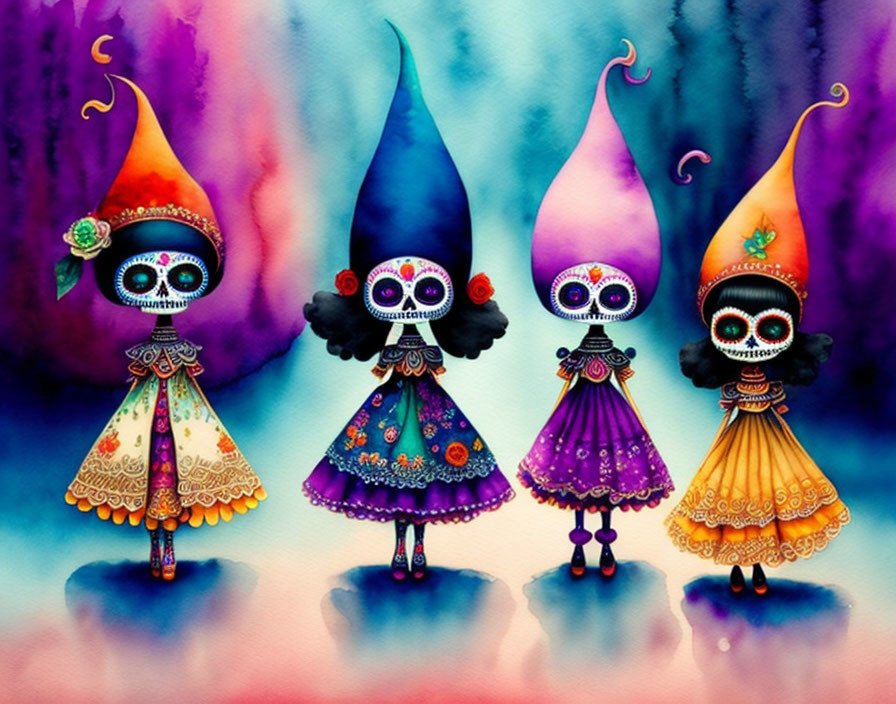 Vibrant Dia de los Muertos figures in traditional Mexican attire