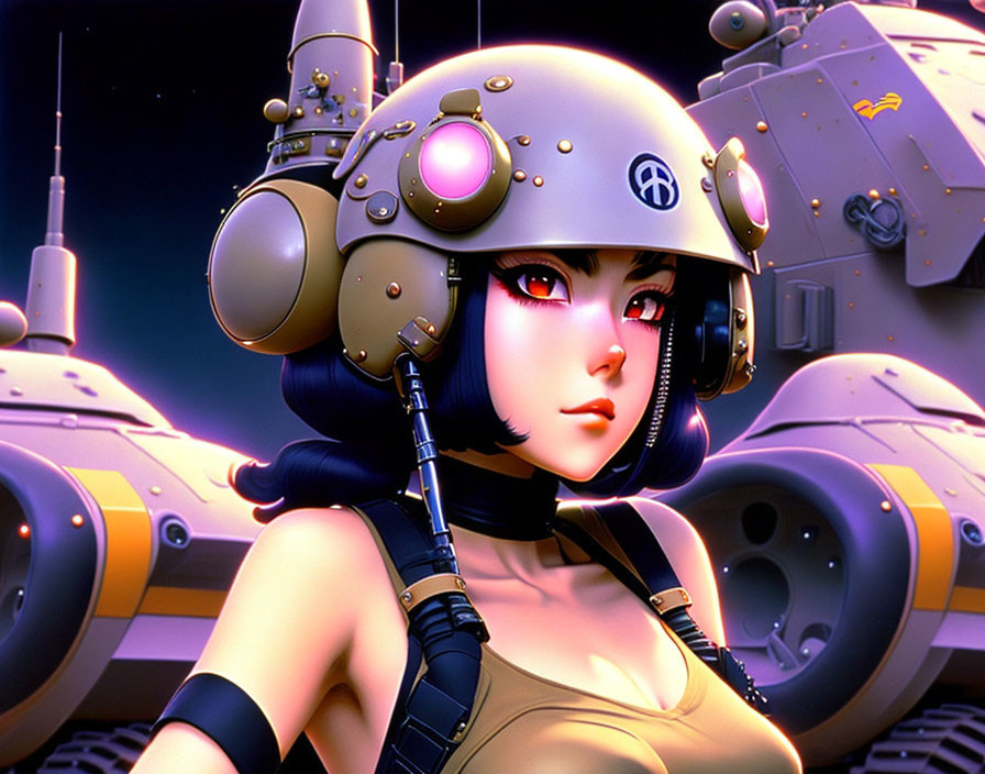 Futuristic helmet anime character with tank backdrop