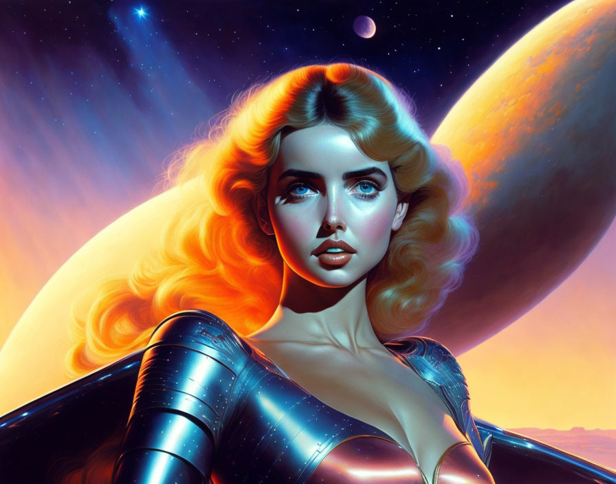 Futuristic space suit woman with flowing hair in vibrant alien landscape