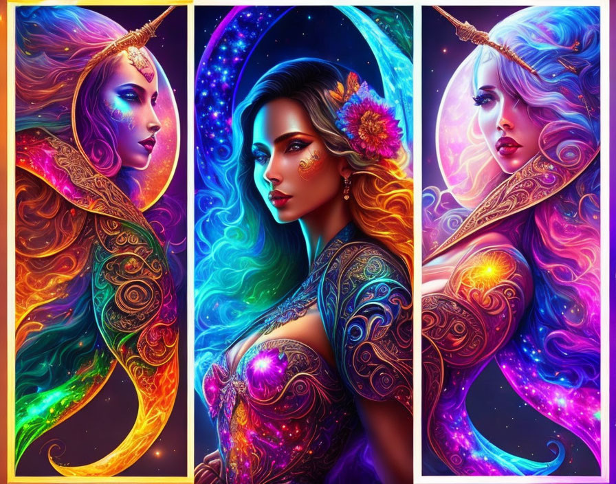 Vibrant Women Illustrations with Celestial and Floral Motifs