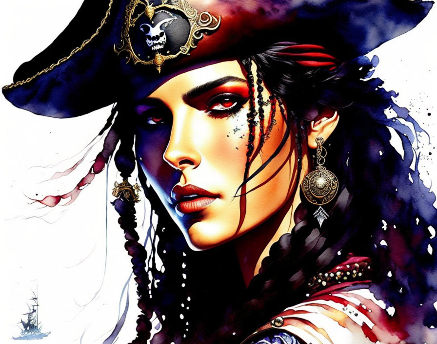 Illustration of female pirate with tricorne hat and dramatic makeup.